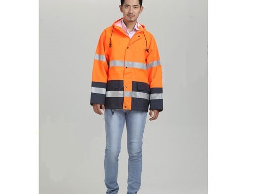 Imperméable réfléchissant orange haute visibilité avec bandes réfléchissantes argentées