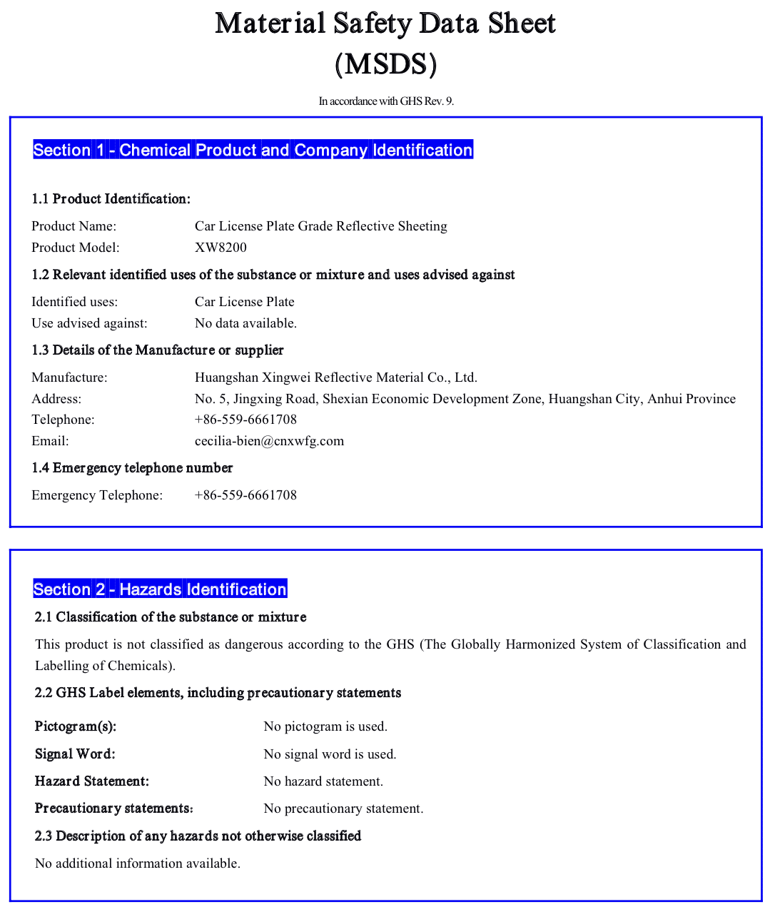 MSDS XW8200